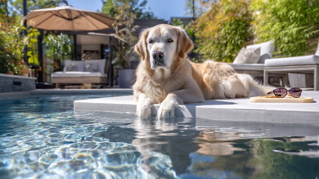 Old golden retriever relaxing on a built-in tanning ledge in a modern fibreglass pool.