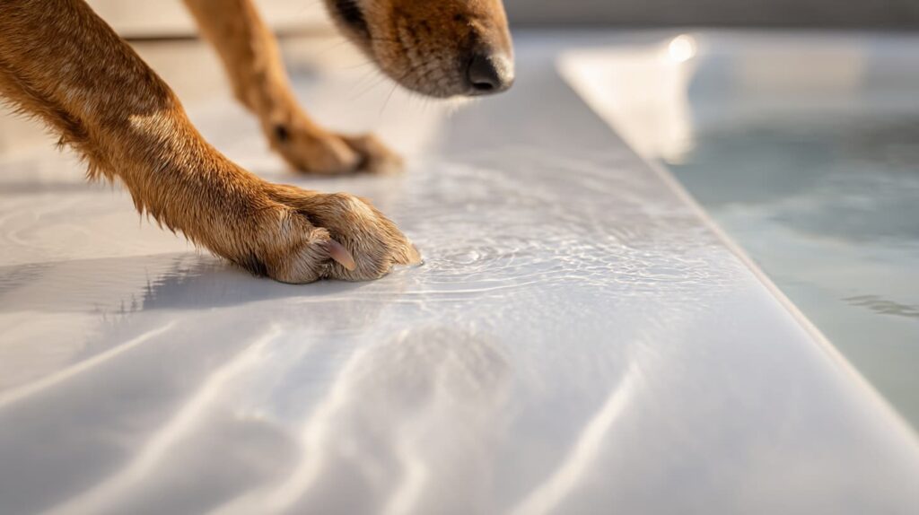 Close-up of smooth, scratch-resistant fibreglass pool surface with a paw in the corner.